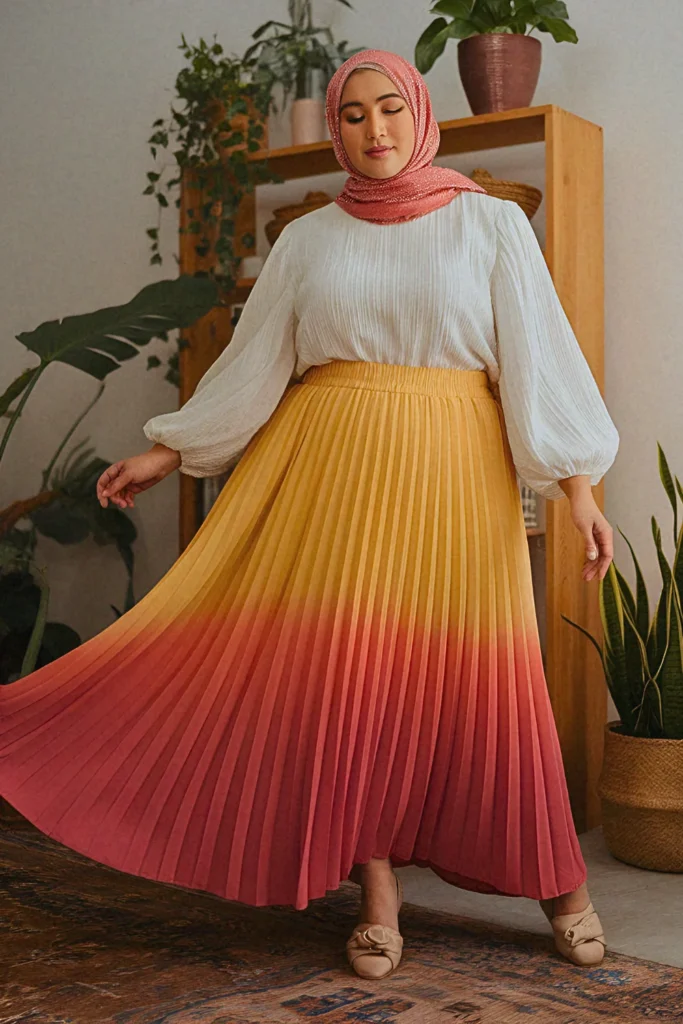 Sunset OmbreÌ Pleated Skirt Hijabi Outfit