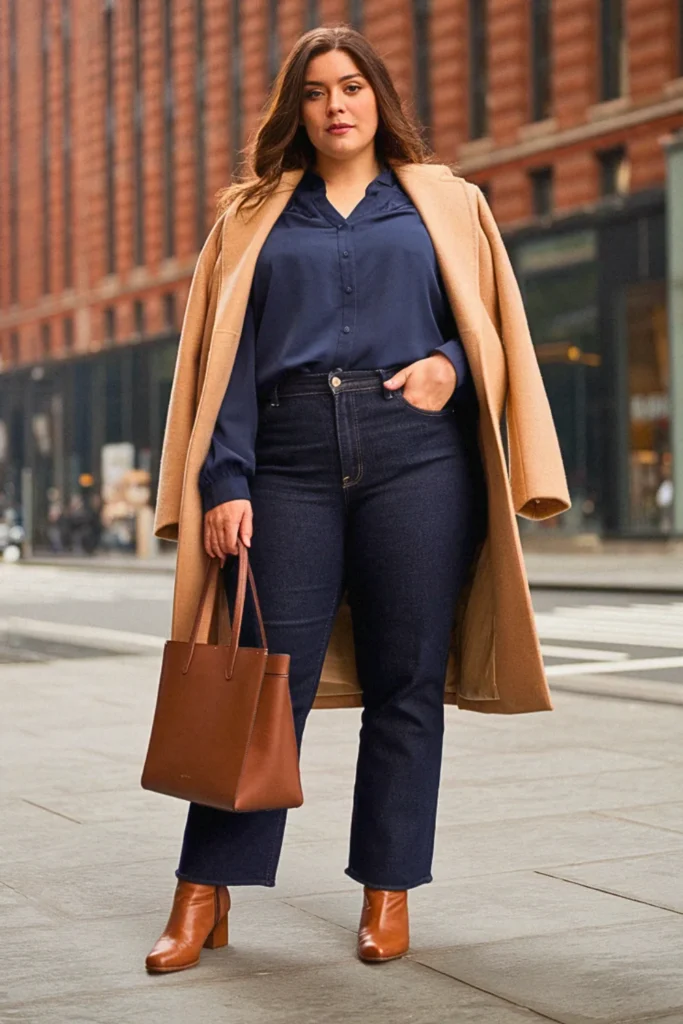 Plus Size New York Silk Blouse and Straight-Leg Jeans Fall Outfit