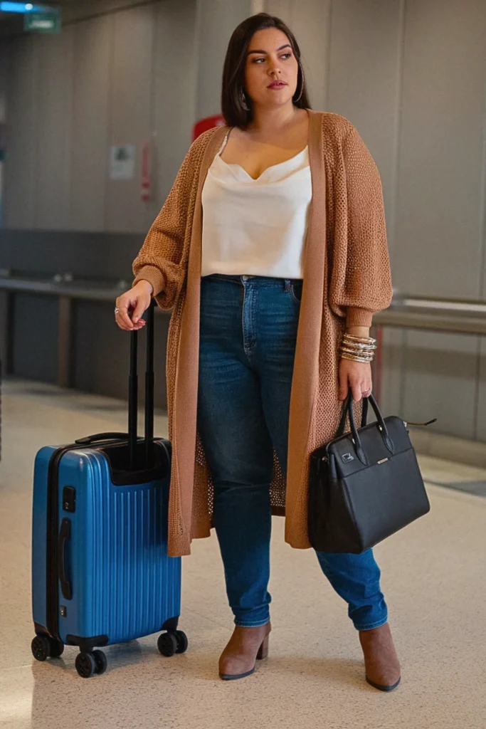 Plus Size Fall Duster Cardigan and Slim-Fit Jean Travel Outfit