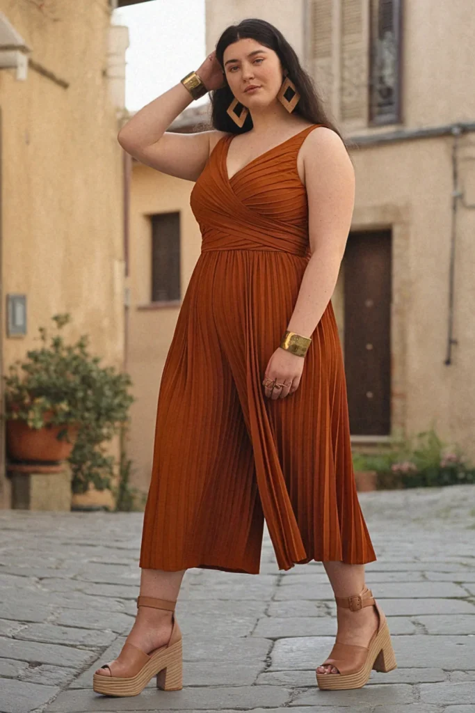 Plus Size Summer Pleated Culotte Jumpsuit European Outfit