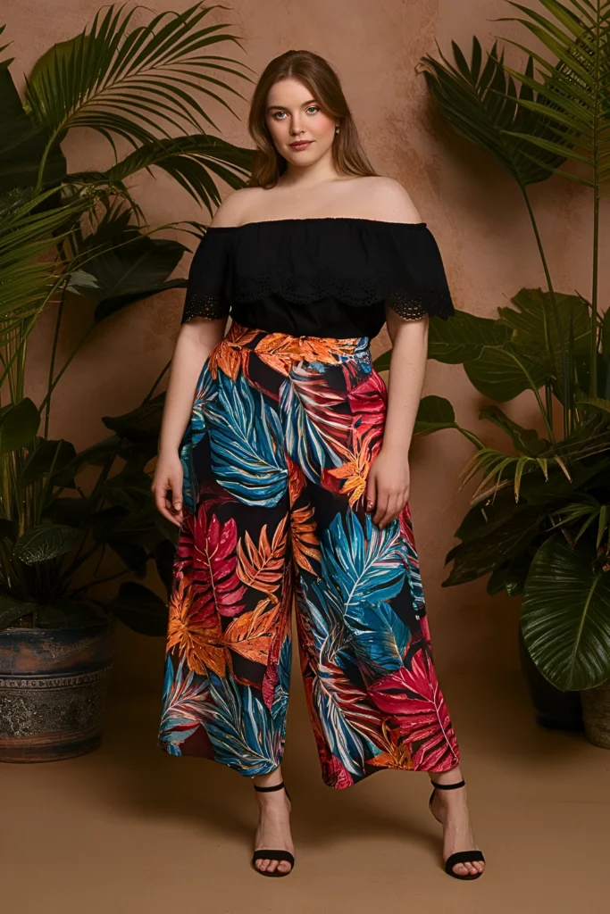 Plus Size Summer Tropical Print Culottes Combination Date Night Outfit