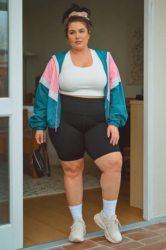 Plus Size Fall Sporty Windbreaker and Biker Shorts Mom Outfit