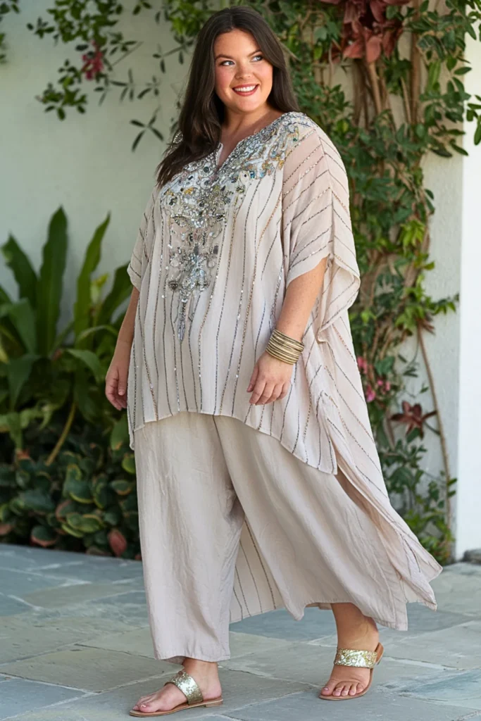 Embellished Kaftan Top + Linen Pants Modest Outfit