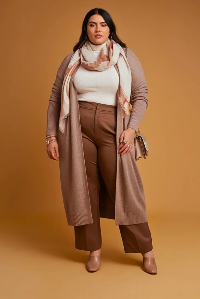 Plus Size Cardigan Coat and Straight-Leg Trousers Autumn Outfit