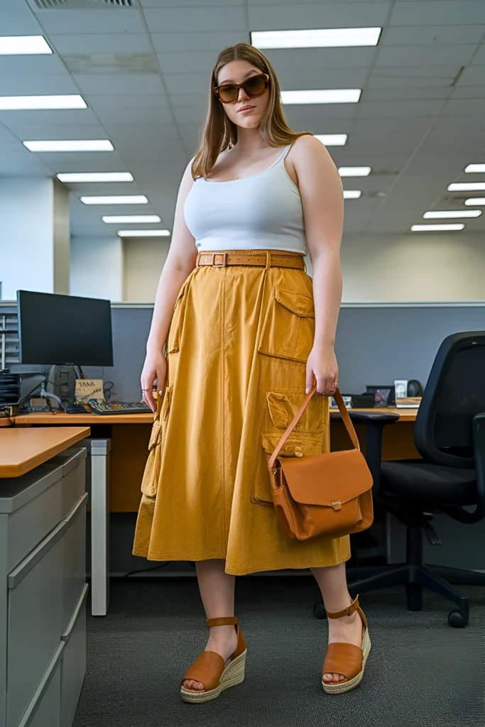 Plus Size Mustard Yellow Cargo Midi Skirt Work Outfit