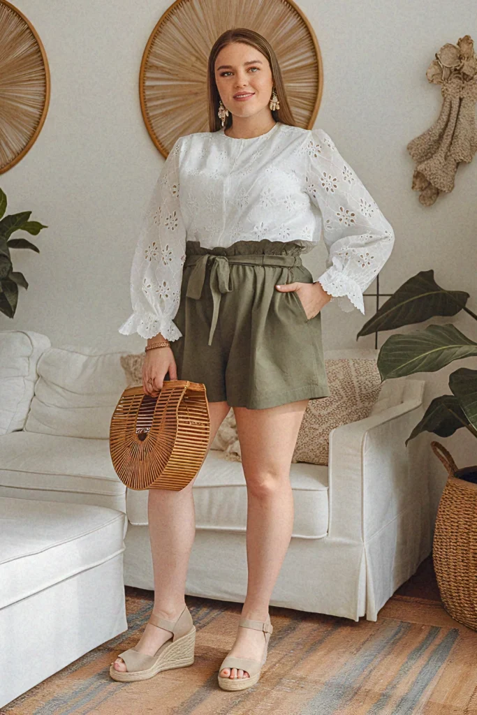 Plus Size Modest Eyelet Blouse and Paper Bag Waist Shorts Summer Outfit