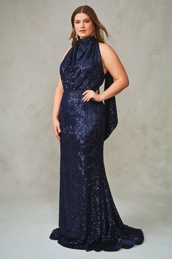 Plus Size Black Tie Sequined Cowl-Back Wedding Guest Dress