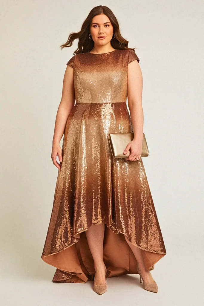 Plus Size Sequin OmbreÌ Cap-Sleeve Wedding Guest Dress