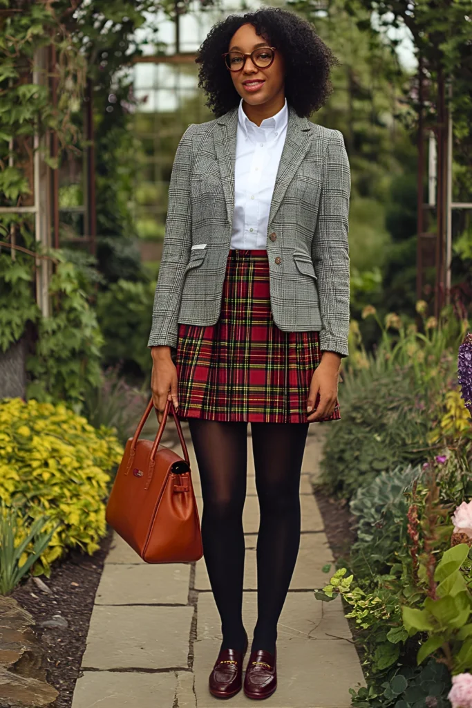European Tweed Blazer, Oxford Shirt & Plaid Mini Skirt Spring Outfit