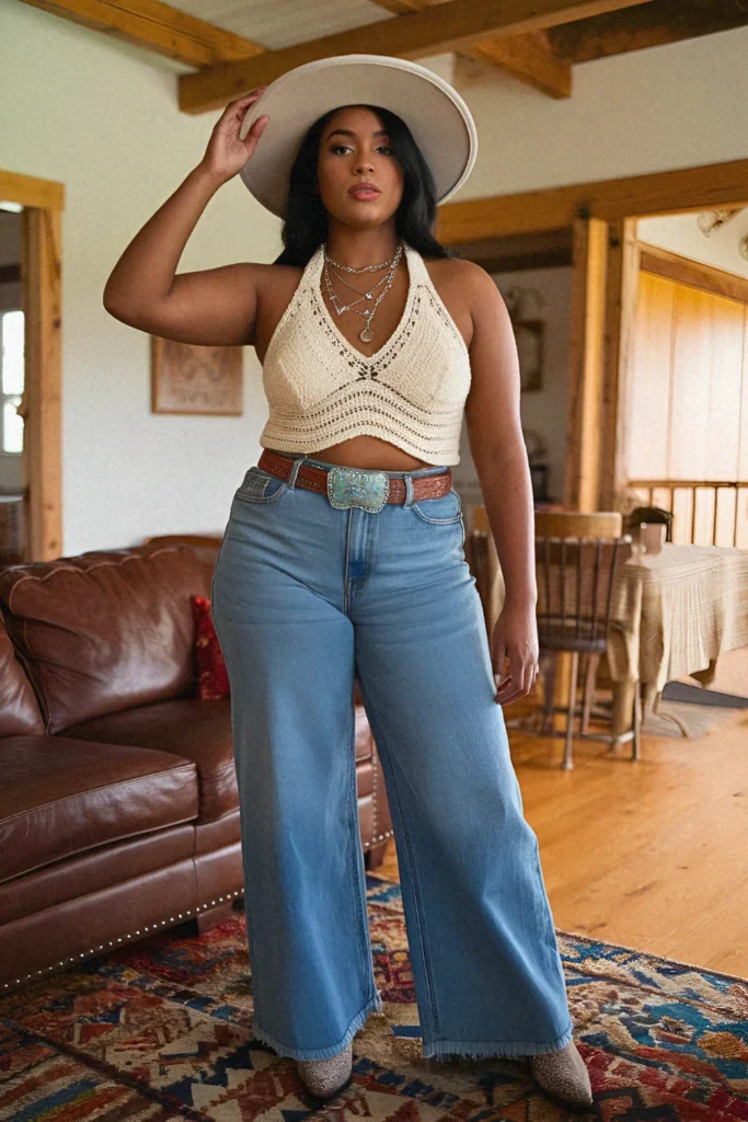 Plus Size Crochet Halter Top with Wide-Leg Jeans Cowgirl Outfit
