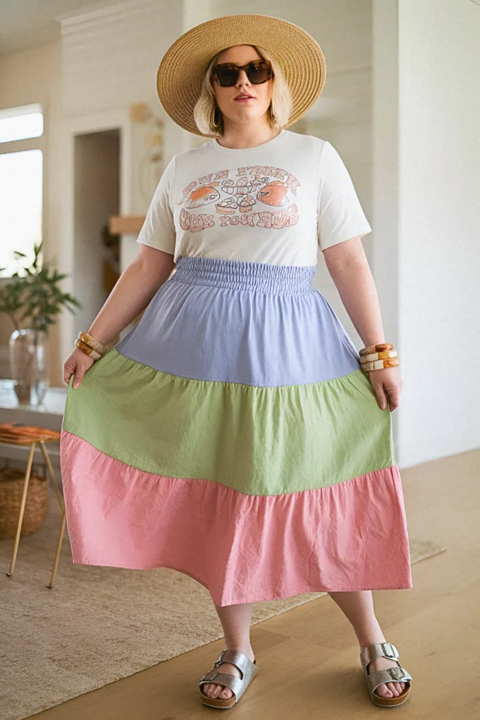 Plus Size Summer Tiered Midi Skirt and Crop Tee Mom Outfit