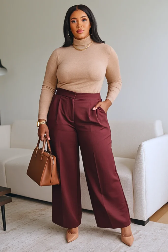 Plus Size Soft Warm Beige Turtleneck Autumn Outfit