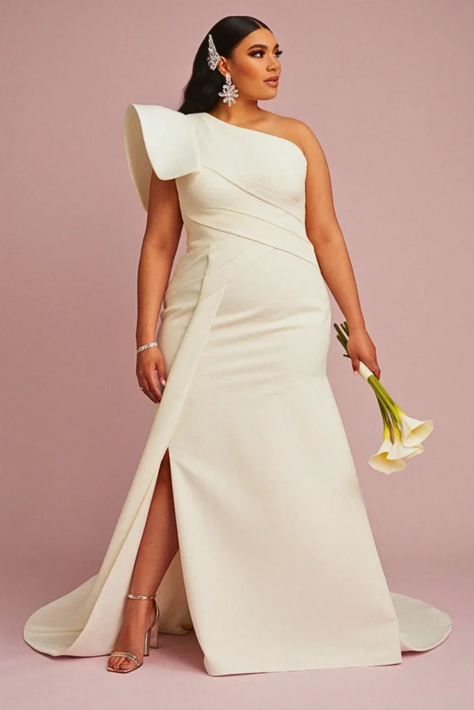 One-Shoulder Draped Bodice with Side Slit Wedding Dress