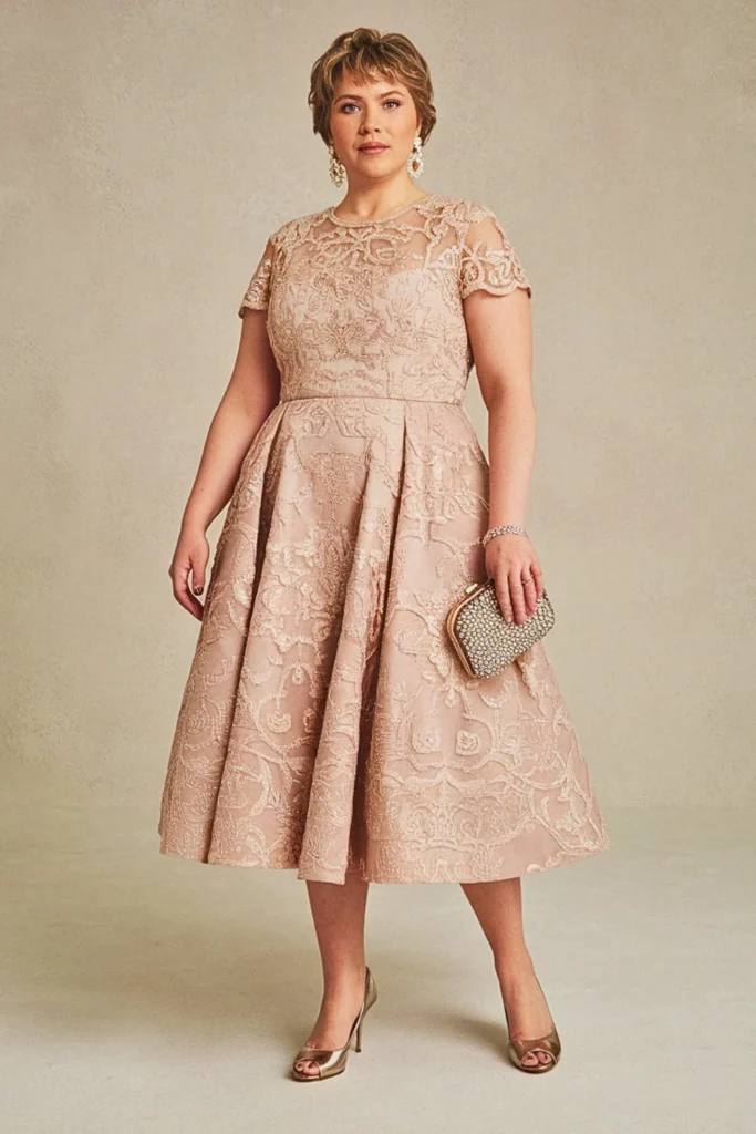 Plus Size Embroidered Overlay Fit-and-Flare Wedding Guest Dress