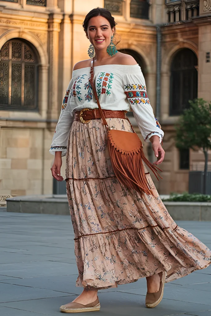 European Bohemian Embroidered Peasant Blouse & Tiered Maxi Skirt Spring Outfit