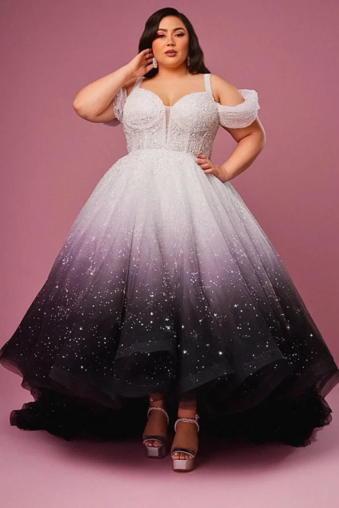 Plus Size Black and White OmbreÌ Tulle Ball Gown