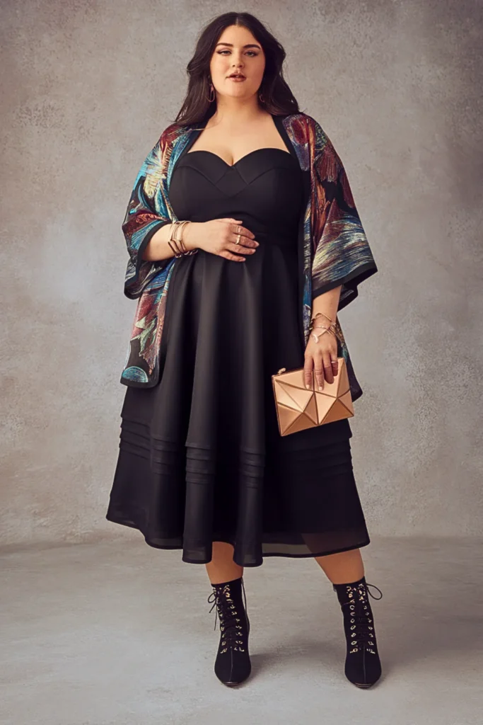 Plus Size Black Dress Fall Outfit with Layers