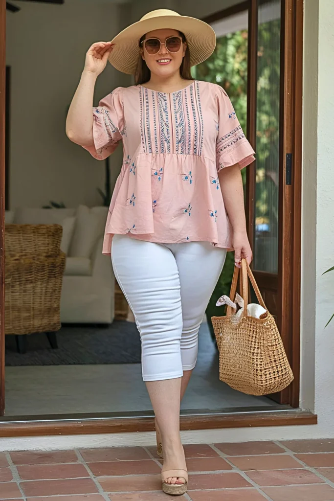 Plus Size Embroidered Top and White Capris Spring Mom Outfit