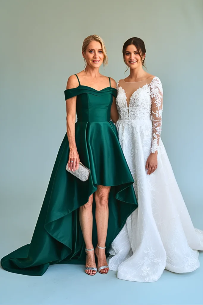 Elegant Emerald Green Satin High-Low Mother of the Bride Dress