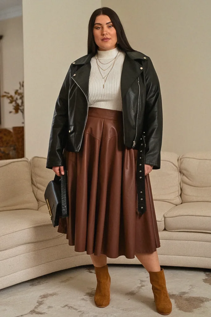 Plus Size Fall Leather Jacket Midi Skirt Aesthetic Outfit