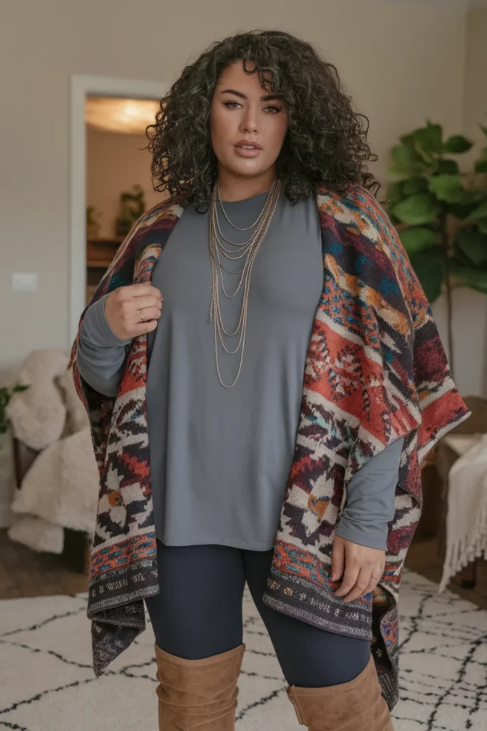 Winter Curvy Mom Poncho and Leggings Outfit