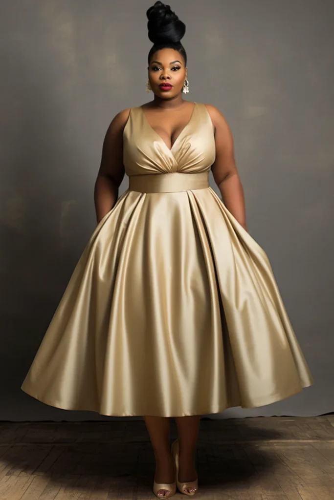 Plus Size Wedding Guest Champagne Elegant V Neck Pocket Satin Midi Dress
