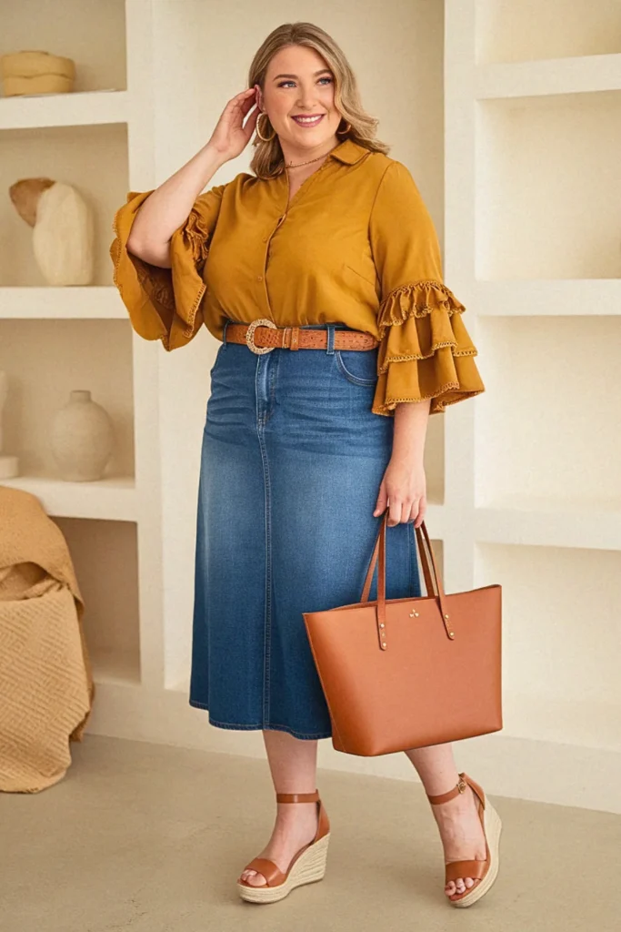 Plus Size Summer Ruffle Sleeve Blouse with Denim Skirt Outfit