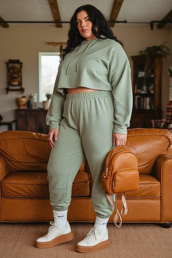 Plus Size Fall Cropped Hoodie With High Waisted Joggers Comfy Outfit