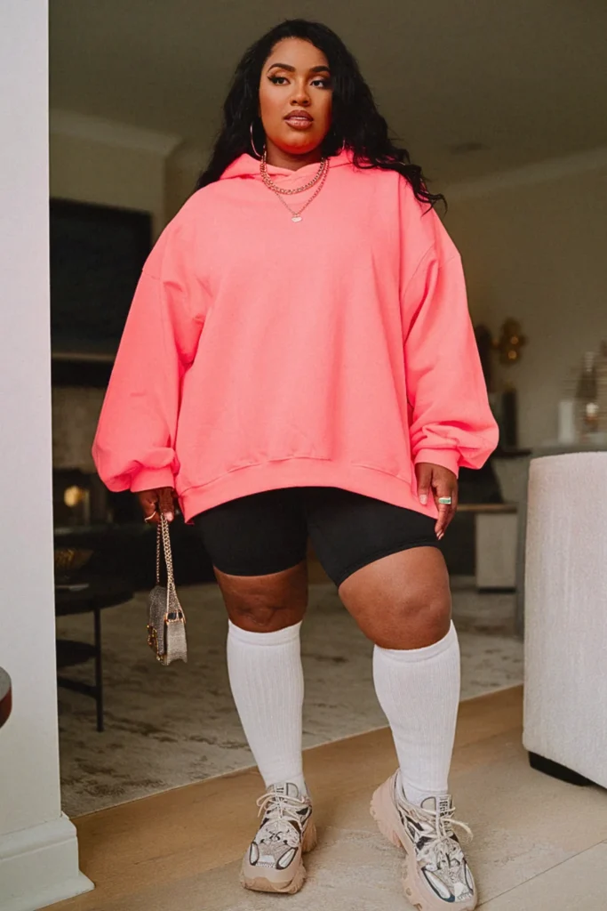 Plus Size Neon Pink Hoodie Streetwear Fall Outfit