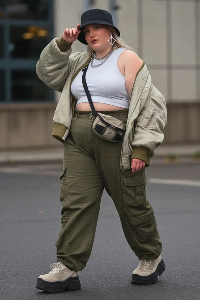 Plus Size Cargo Utility Pocket Streetwear Outfit