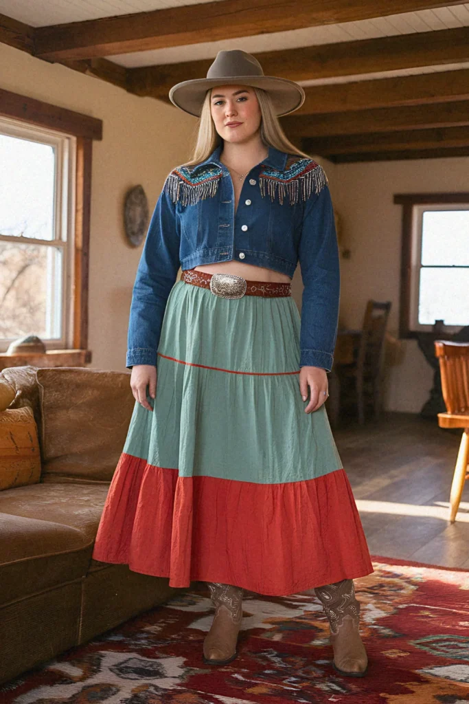 Plus Size Tiered Prairie Skirt with Embellished Denim Jacket Cowgirl Outfit