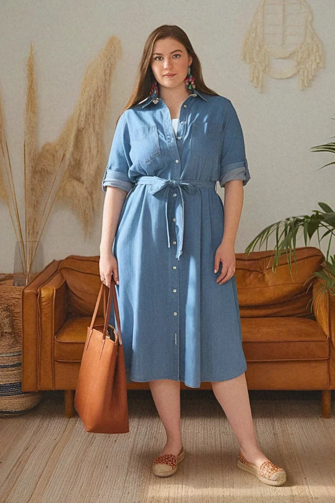 Plus Size Modest Chambray Shirt Dress Summer Outfit