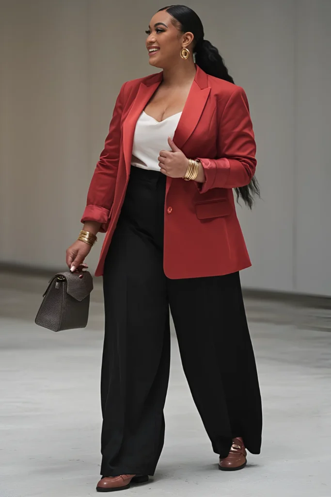 Plus Size Valentine's Bold Red Blazer with Black Wide-Leg Pants Outfit
