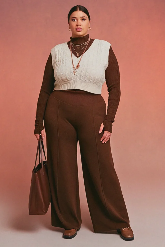 Plus Size Sweater Vest and Wide Leg Pants Fall Outfit