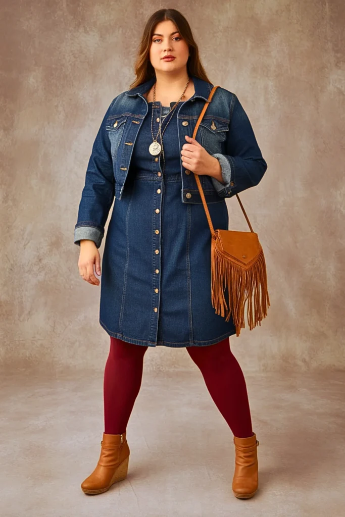 Plus Size Denim Dress Fall Outfit with Tights