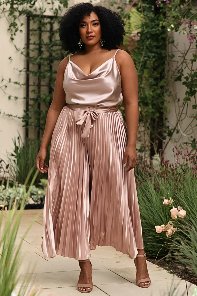 Satin Cowl Neck Cami + Pleated Culottes Spring Occasion Outfit