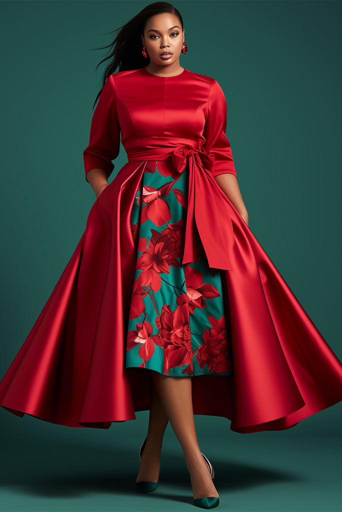 Plus Size Valentines Red Floral Peplum Satin Midi Dress