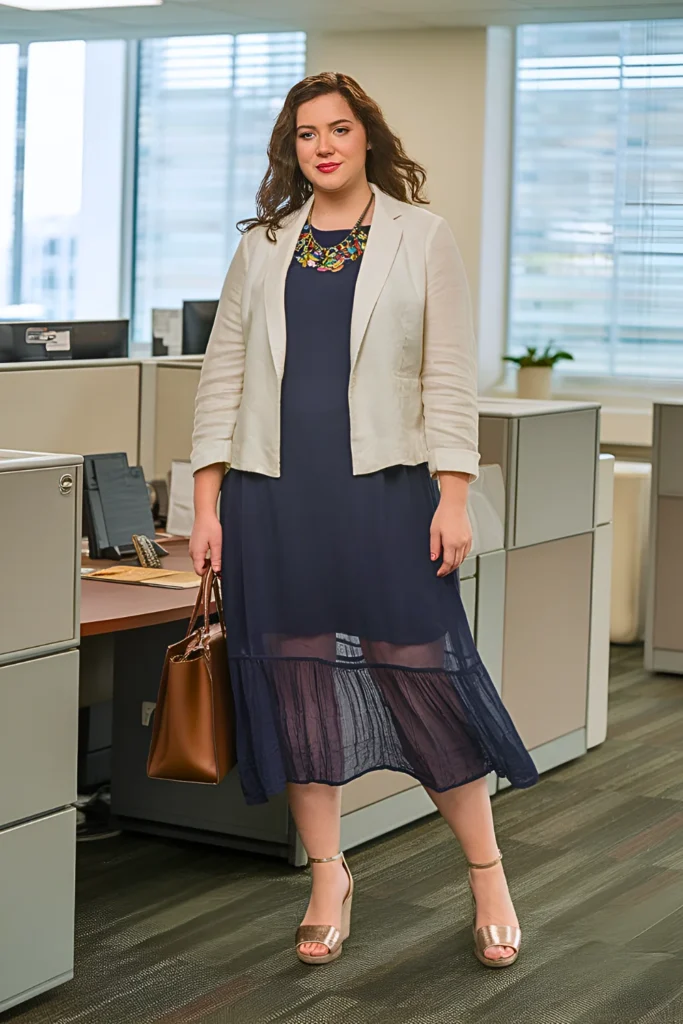 Plus Size Summer Gauze Overlay Shift Dress Business Casual Outfit