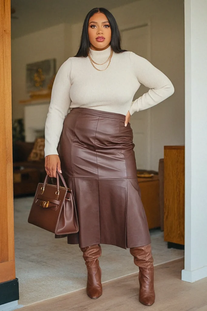 Plus Size Leather-Look Long Fall Skirt Outfit