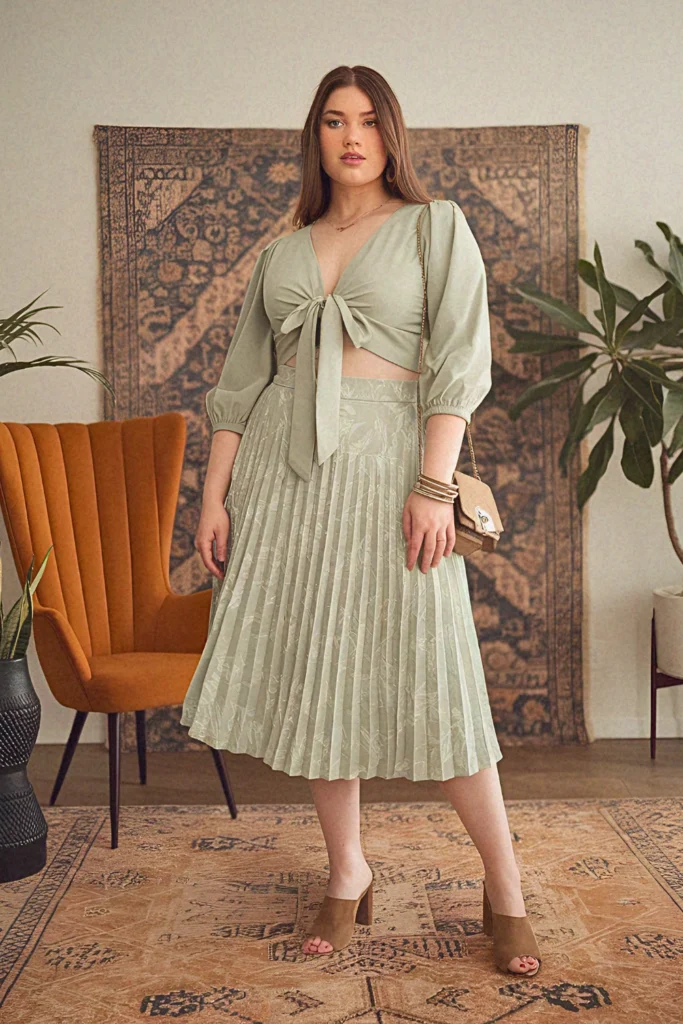 Plus Size Modest Tie-Front Blouse and Pleated Midi Skirt Summer Outfit