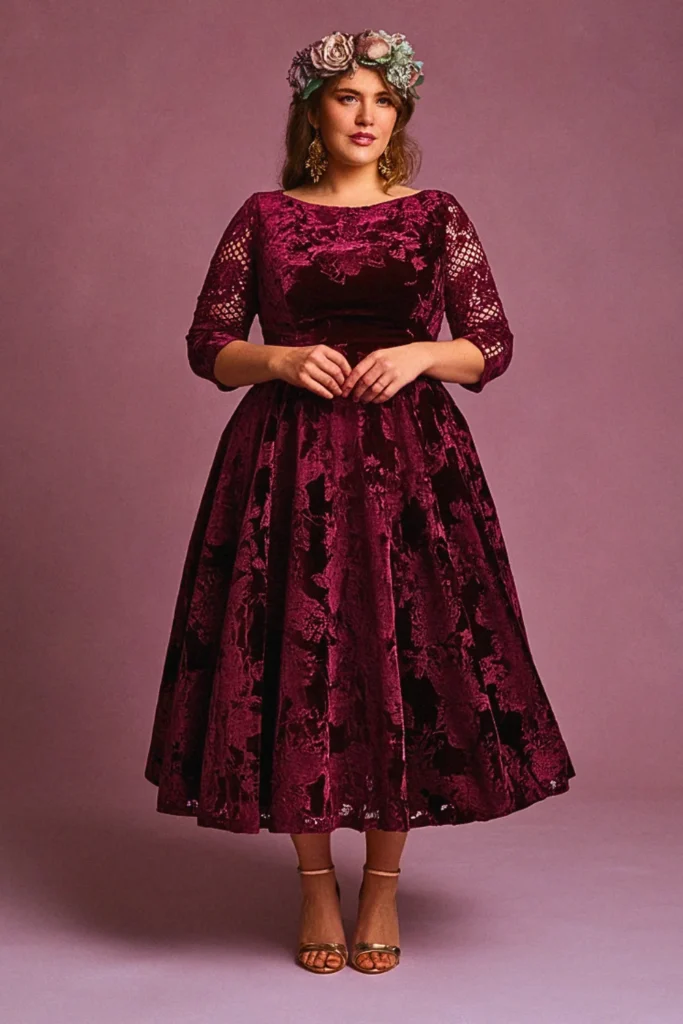 Plus Size Velvet Burnout Tea Length Wedding Dress