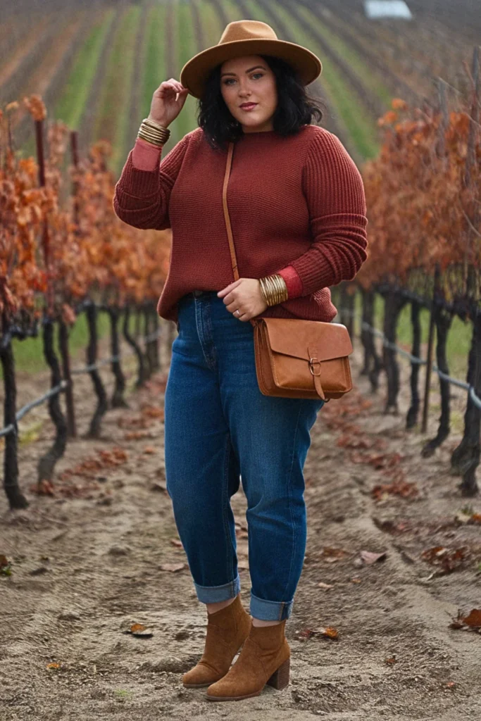Plus Size Fall Earth Tones Sweater Denim Winery Outfit