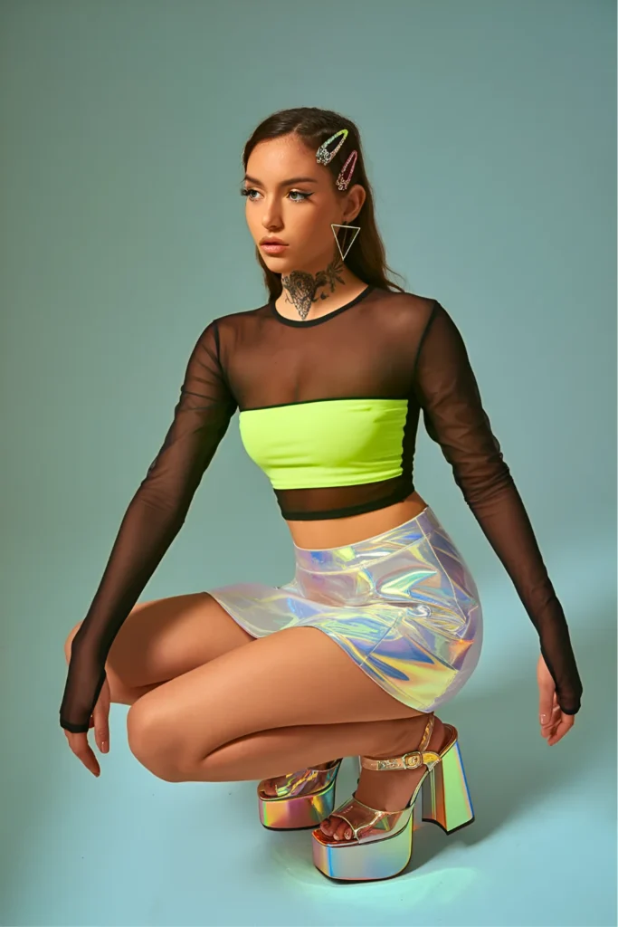Mesh Long Sleeve Top and Holographic Mini Skirt Party Spring Attire