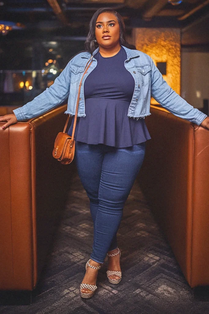 Plus Size Fall Peplum Top and Skinny Jeans Going Out Outfit