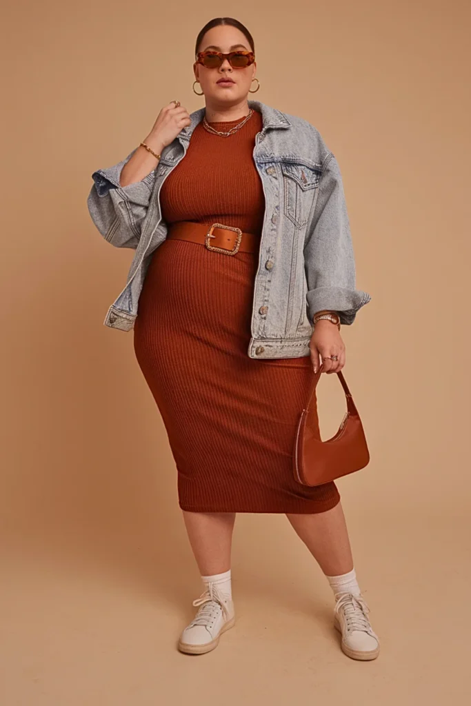 Plus Size Denim Jacket and Midi Dress Casual Autumn Outfit