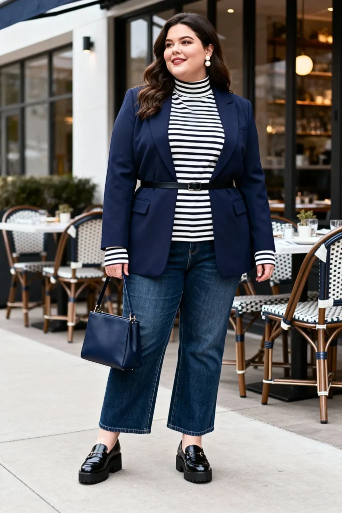 Plus Size Navy Blazer and Striped Top Outfit