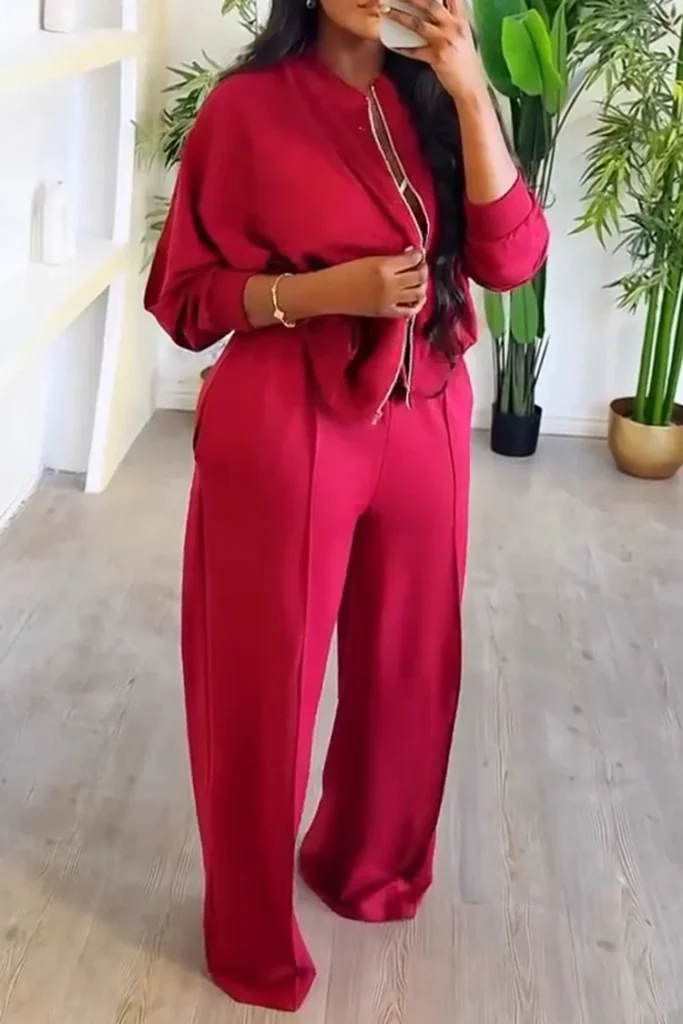 Plus Size Red Long Sleeve Zipper Two Piece Pant Set