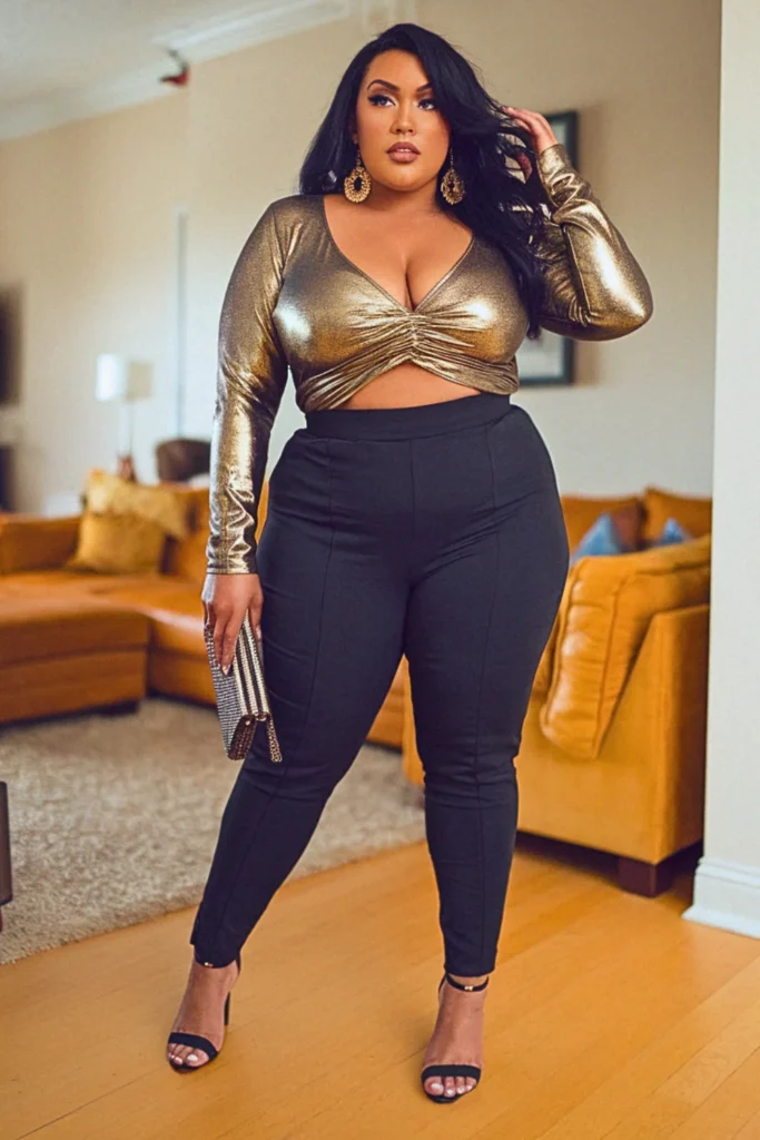 Plus Size Gold Shimmer Top Club Fall Outfit