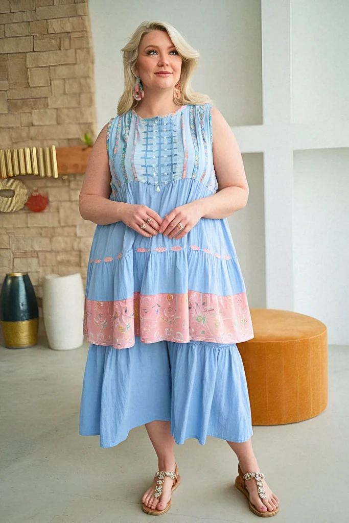 Plus Size Summer Tiered Midi Tunic and Cropped Leggings Mom Outfit
