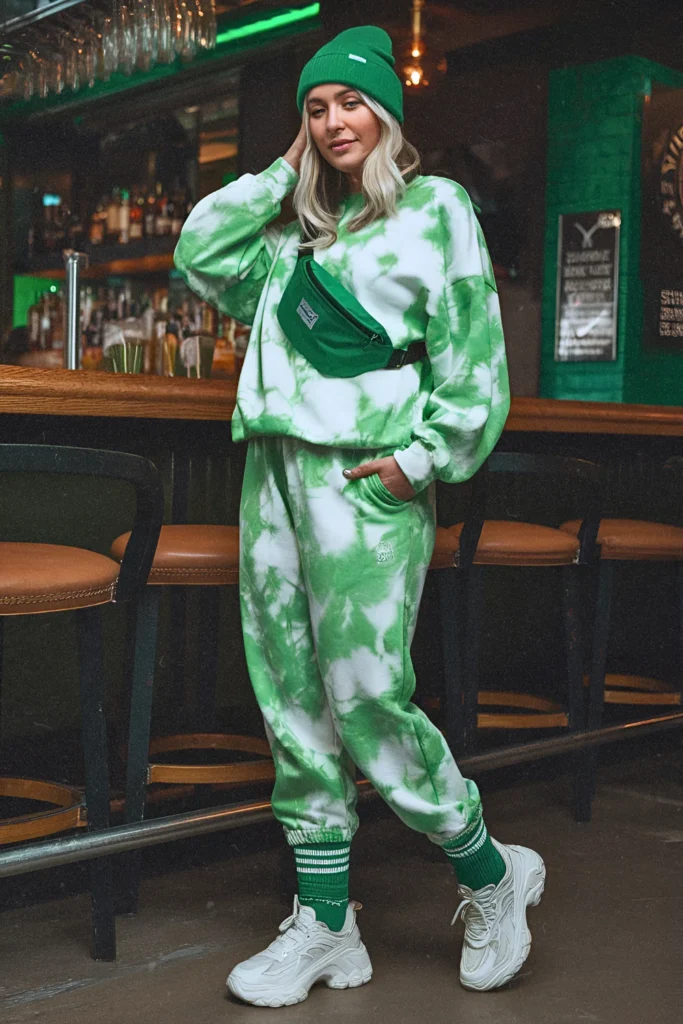 Green Tie-Dye Sweatsuit and Neon Accessories St. Patrick's Day Outfit